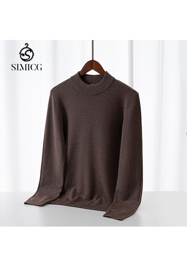 Yeni Sonbahar Ve Kış Yeni Kalınlaştırılmış Sıcak Orta Yaka Alt Erkek Düz Renk Kazak Kahverengi