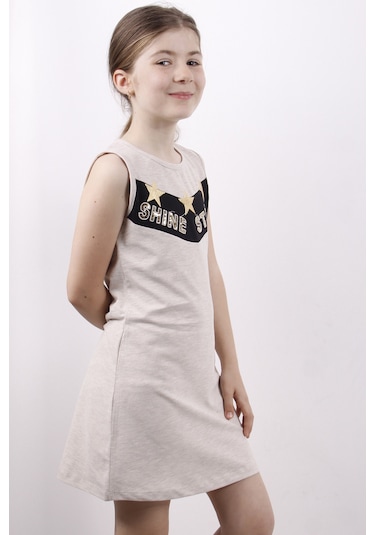 Toontoy Kız Çocuk Yıldız Varaklı Elbise Kahve Melanj