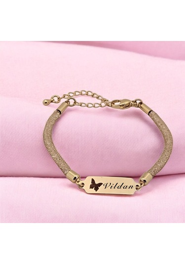Archin Vildan İsmine Özel Hasır Kordonlu Kelebek Motifli 14 Ayar Altın Plakalı Hediye Bileklik-647isim Vildan