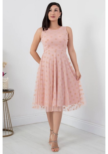 Sifir Kol Yuvarlak Abiye Elbise Pudra