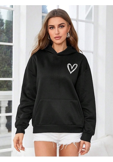 Clayes Kalp Logo Sweatshirt - Siyah Baskılı Oversize Kapüşonlu Siyah