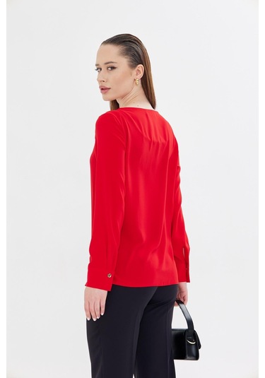 Yakası Pileli Ve Düğme Detaylı Gömlek Kırmızı Kırmızı