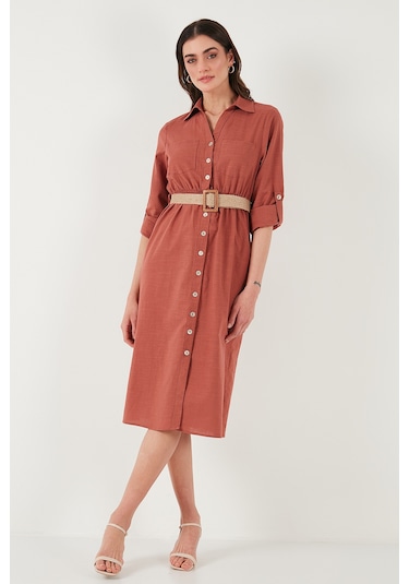Lela Pamuklu Regular Fit Kemerli Midi Boy Gömlek Bayan Elbise 67810301 Camel Lela Pamuklu Regular Fit Kemerli Midi Boy Gömlek Bayan Elbise 67810301 Camel