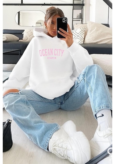 Benroma 3 İplik Penye Ocean Cıty Baskılı Sweatshırt Beyaz
