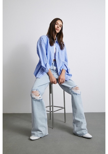 Basic Organik Pamuk Çizgili Gömlek Mavi Mavi