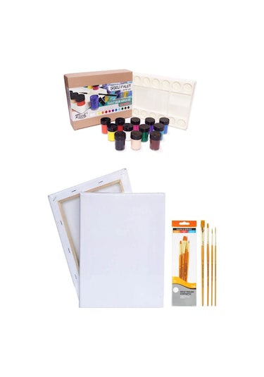 Rich Şişeli Palet 25 Ml X 12'li Akrilik Set 35x50 Tuval Daller Rowney 4'lü Fırça Seti 11409 Çok Renkli