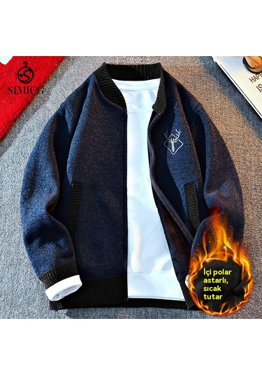 Erkek Fermuarlı Örme Polar Hırka Kazak Lacivert