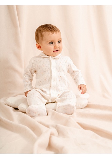 Jakarlı Baskılı, Bebe Yakalı, Patikli Bebek Tulum 1-3 / 3-6 / 6-9 / 9-12 Ay Ekru
