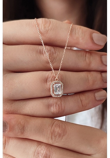 Baget Taşlı 925 Ayar Gümüş Kadın Rose Kaplama Kolye (534707361)