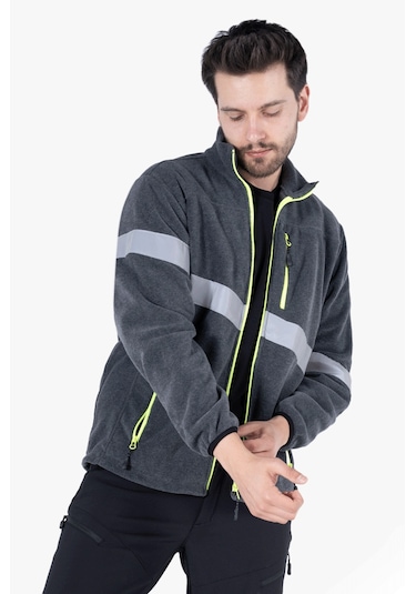 Neon Sarı Fermuarlı Reflektörlü Polar Gri Melanj