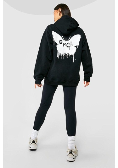 Siyah Butterfly Oversize Sweatshirt - Baskılı Oversize Kapüşonlu Siyah