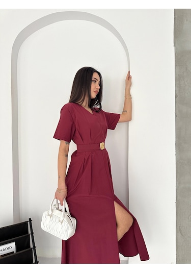 Belden Oturtmalı Plılelı Paraşüt Kumaş Elbise Bordo