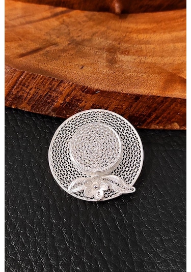 Gümüş Broş El İşi Beyaz Telkari Taşsız Bayan Yaka İğnesi Şapka Mo Gümüş