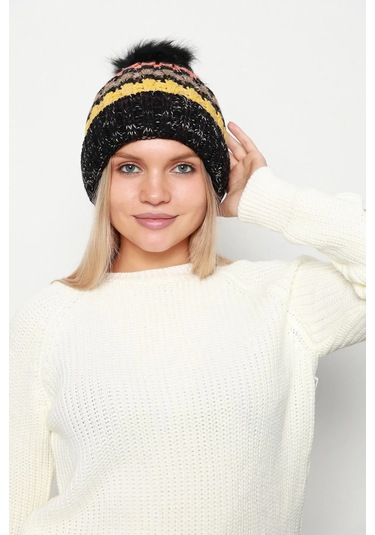 Ponpon Detay İçi Yünlü Renkli Örme Kadın Bere Rkş-23 Siyah Siyah