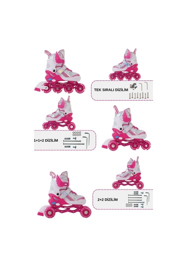 Melek Kanatlı Işıklı Çocuk Pateni Kask Ve Dizlik Seti Silikon Teker Ayarlanabilir Paten Çantalı Koyu Pembe