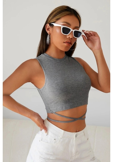 İmoda Kadın Gri Çapraz Bağlamalı Crop Top Büstiyer Çok Renkli