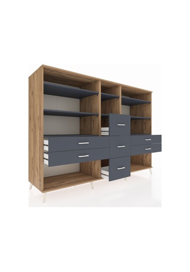 Kronos Dolap 8 Raflı 7 Çekmeceli 220x59x163 Çam-antrasit Çam-antrasit