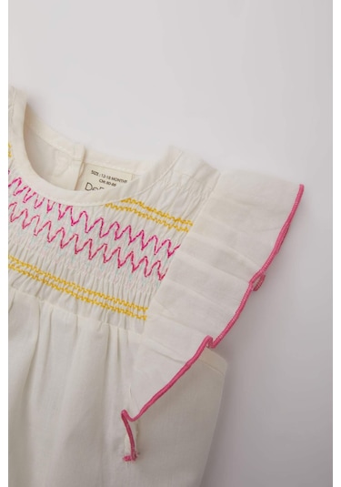 Defacto Kız Bebek Bisiklet Yaka Vual Kısa Kollu Gömlek C5188A524SMER105 Ekru