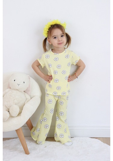 Kız Çocuk Çiçek Baskılı Raporlu Kumaş Basic Alt Üst İkili Takım 001