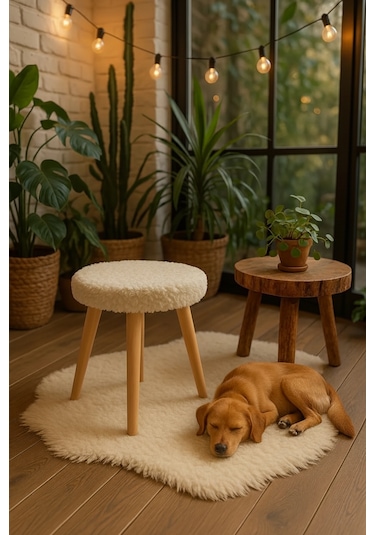 Albatros 4 Adet Gürgen Ahşap Ayak , Dekoratif Krem Wellsoft Kumaş Puf Tabure KREM