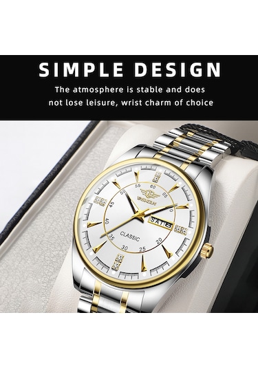 Yashıdun 5069 Çelik Kayış Şık Kuvars İzle Erkekler Aydınlık Takvim Bilek Saati - Altın Kadran