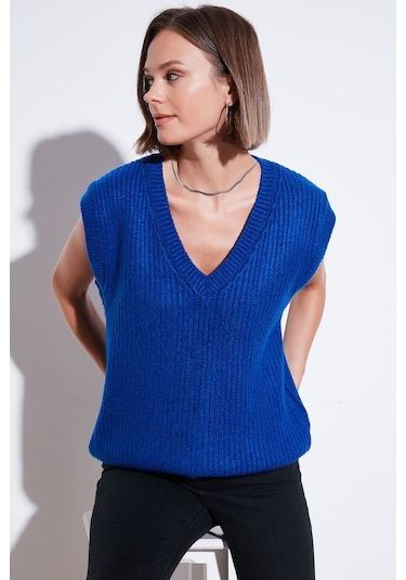 Lela V Yaka Örme Triko Bayan Süveter 4616105Y Saks