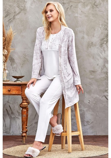 Kadın Kadife Kışlık Sabahlıklı Pijama Takım 3lü Set Dantel Detaylı Desenli Kadife Sabahlık Flz 31-104 Ekru