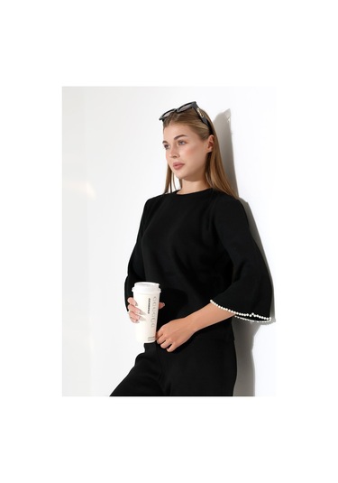İnci Volanlı Kol Detaylı Triko Takım Siyah