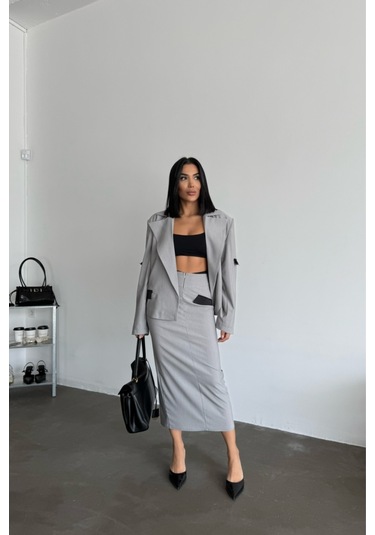 Sensuelle Crop Ceket - Etek Takım - Gri