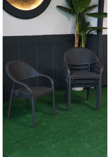 Alezy Bambu Rattan Kollu Koltuk 4 Adet Antrasit