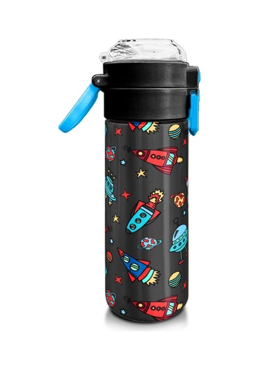 Coral High Kids Koyu Gri Kırmızı Uzay Desenli Pipetli Ve Direkt İçim Çelik Termos 500 Ml 31916 Koyu Gri