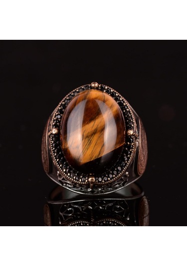 Doğal Taş Yüzük Davut Yıldızı Erkek Yüzüğü 925k Gümüş Erkek Yüzüğü Kaplan Gözü İle Cesur Tasarım Gümüş