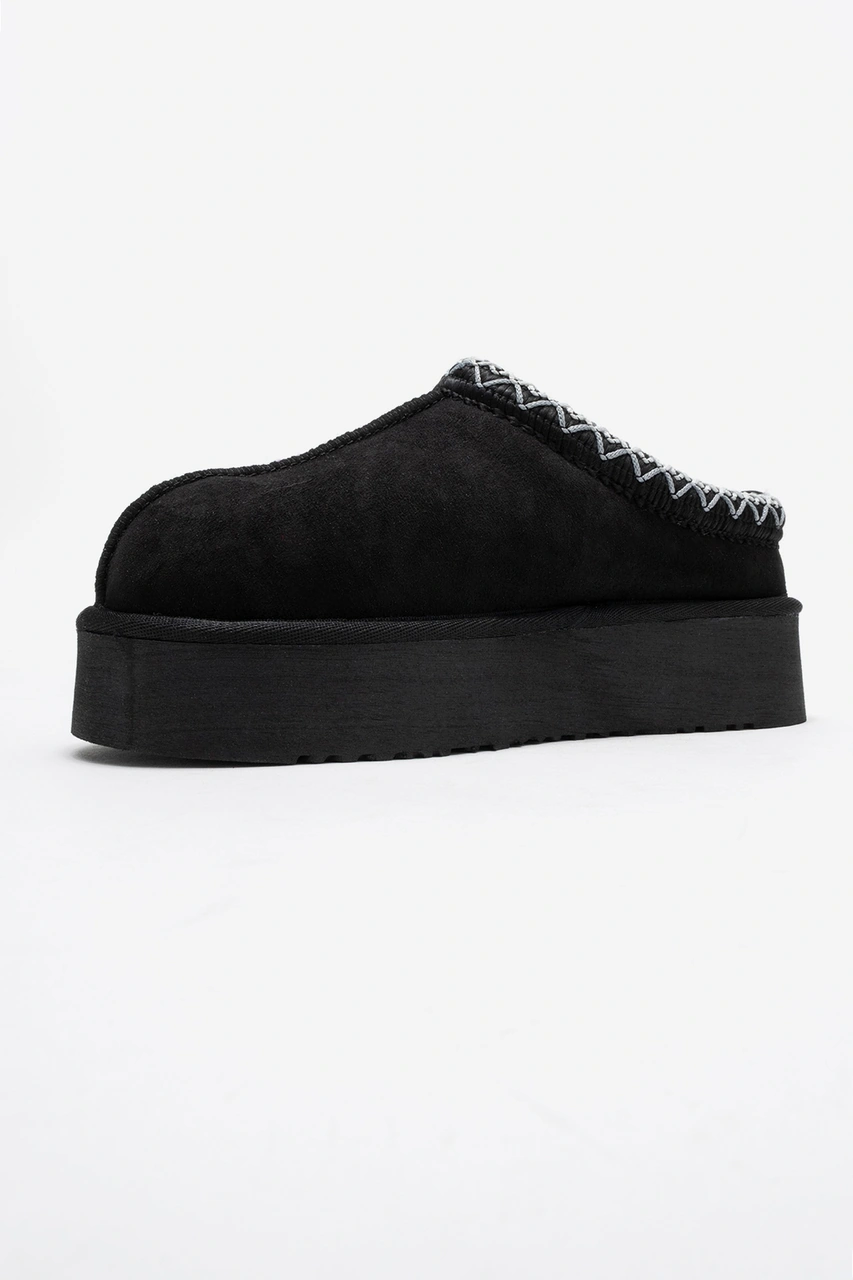 Avelıa Siyah Süet Hakiki Deri Dikişli Kadın Kalın Tabanlı Kışlık Terlik Siyah