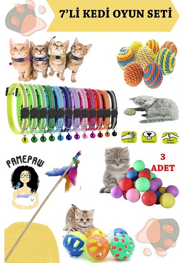 7'li Set : Fosforlu Kedi Tasması , Sarma Top , Olta , 3'lü Mini Top , Çıngıraklı Top