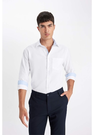 Defacto Regular Fit Oxford Basic Düz Uzun Kollu Beyaz Gömlek B1873AX23AUWT82 Beyaz