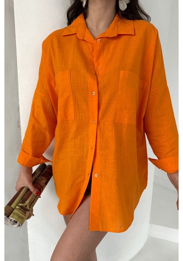 Paw Garage Kadın Harper Çift Cepli Oversize Keten Gömlek, 2025 Summer Collection Turuncu