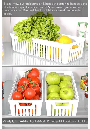 4 Adet Buzdolabı Düzenleyici Sepet - Dolap İçi Meyve Sebze Düzenleyici Organizer Saklama Kabı Beyaz