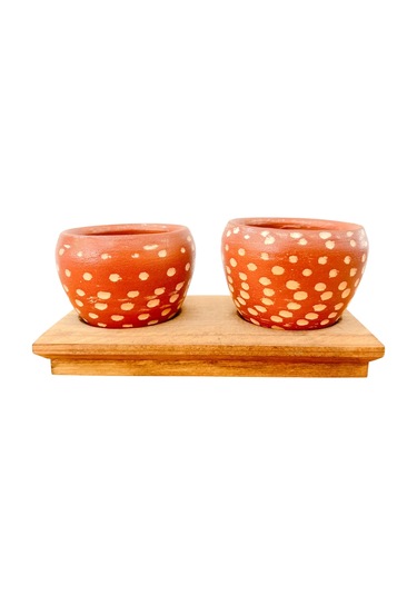 Bitki Tasarımı Ev Dekorasyon Aksesuar Beyaz Nokta Terakota Saksı İkili Ahşap Tabanlı Çiçeklik Saksı Saksılık 1 L