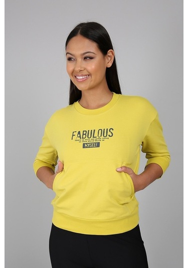 Baskılı Kanguru Cepli Yarım Kollu Sweatshirt Sarı