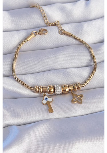 Zarif Kadın İçin Golden Çelik Zirkon Yonca Nazarlık Anahtar Stil Bileklik Gri