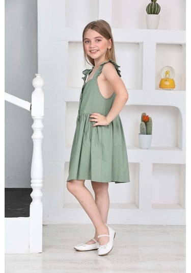 Kız Çocuk %100 Pamuk Keten Elbise 12197 Çağla Yeşili