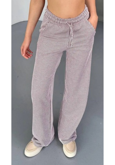 Yandan Cepli Beli Bağcıklı Su Yolu Kadın Çizgili Pantolon Bordo