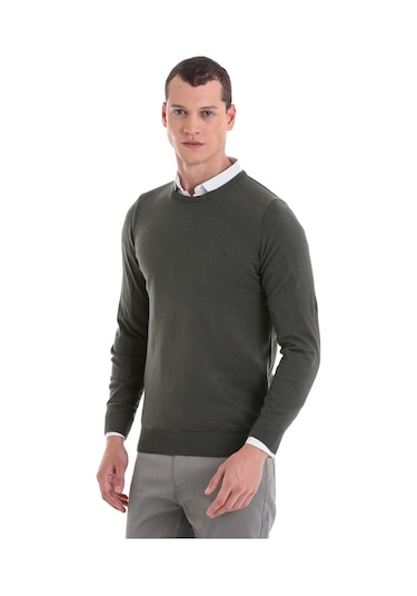 Hatemoğlu Erkek Regular Fit Düz Bisiklet Yaka Pamuklu Triko Kazak Haki