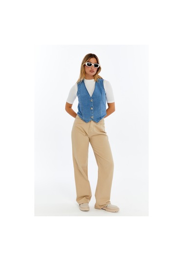 Kadın Denim Yelek Şık Düğmeli Jean Yelek, Günlük Ve Casual Kombin Açık Mavi