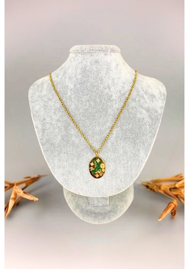 Gold Renkli Kuş Motifli Taş Detaylı Çelik Kolye Altın