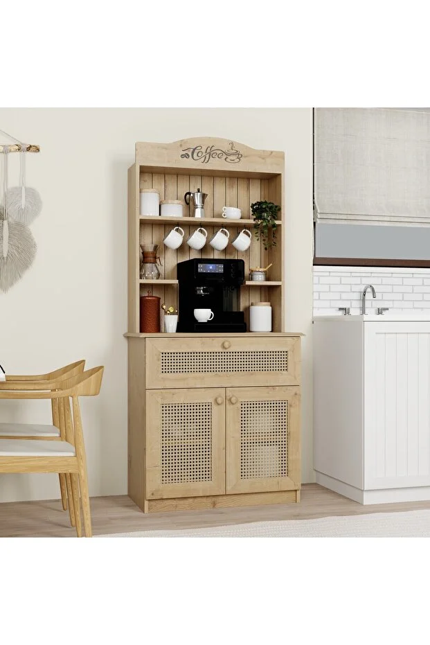 Lucas 2 Kapaklı Çekmeceli Sarı Hasır Desen Kahve Köşesi Çok Amaçlı Mutfak Dolabı - Safir Meşe Safir Meşe