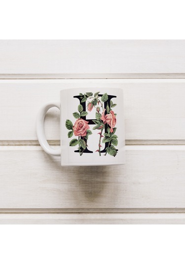 H Baş Harf Kırmızı Güller İle Sarılı Bardak 330 Ml Kişiye Özel Çiçekli Hediye Beyaz