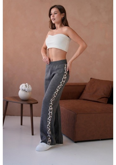 Relax Mode Kadın Leopar Şerit Detaylı Örme Pantolon - 12026r Antrasit