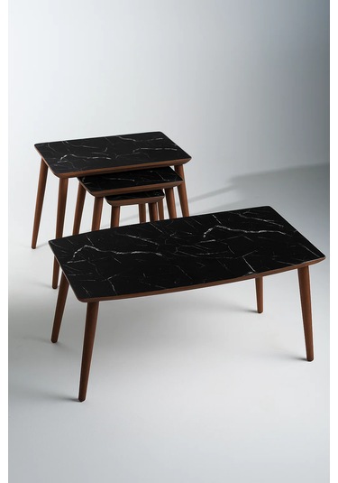 İstanbul Orta Sehpa Ve 3'lü Zigon Sehpa Seti Siyah Mermer Desen