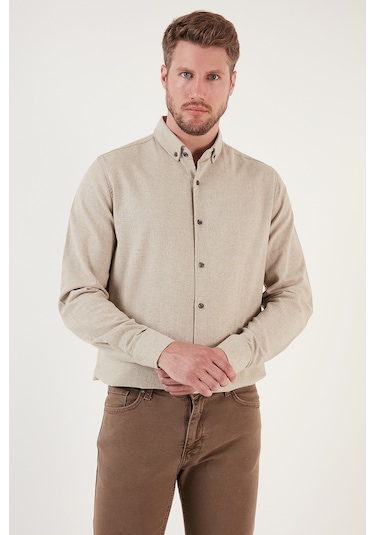 Buratti Pamuklu Regular Fit Düğmeli Yaka Kışlık Erkek Gömlek Cf24W127079 Bej